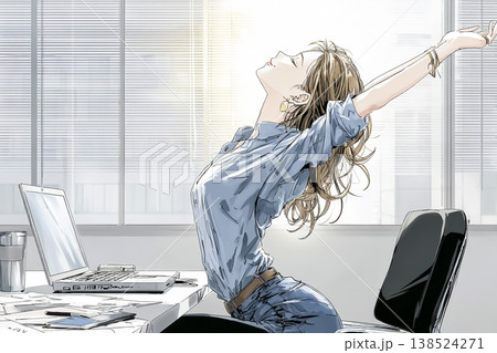 働く女性シリーズ：デスクでストレッチする女性会社員 138524271