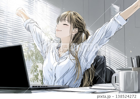 働く女性シリーズ：朝のオフィスで伸びをする女性 138524272