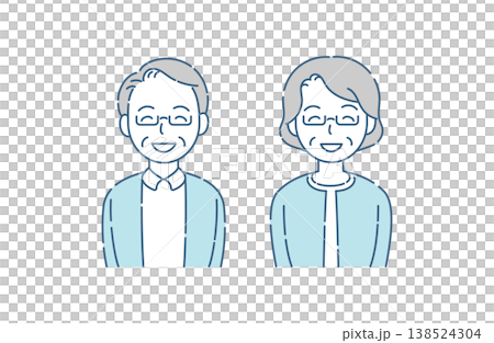 メガネをかけて目も笑うシニア夫婦の笑顔 シンプルイラスト ブルーグレー配色 138524304