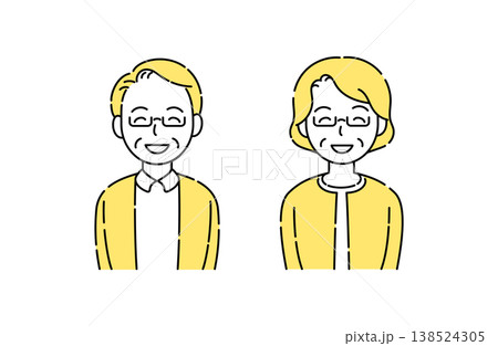 眼鏡をかけて目も笑うシニア夫婦の笑顔 シンプルイラスト 黄色アクセント 眼鏡をかけて目も笑うシニア夫婦の笑顔 シンプルイラスト 黄色アクセント 138524305