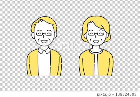 眼鏡をかけて目も笑うシニア夫婦の笑顔 シンプルイラスト 黄色アクセント 眼鏡をかけて目も笑うシニア夫婦の笑顔 シンプルイラスト 黄色アクセント 138524305