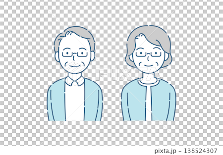 A simple illustration of a smiling senior couple wearing glasses, in a blue-gray color scheme. A simple illustration of a smiling senior couple wearing glasses, in a blue-gray color scheme. 138524307