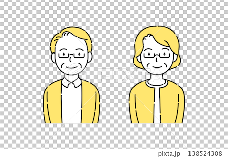 A simple illustration of a smiling senior couple wearing glasses, with yellow accents. A simple illustration of a smiling senior couple wearing glasses, with yellow accents. 138524308