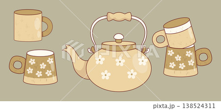 Handcrafted Ceramic Tea Set. Artisan Pottery Kettle and Mugs with Daisy Pattern. Cozy Cottagecore beige Kitchenware Hand Drawn. Isolated Eco-friendly Kitchen Decor. Vector Illustration. Handcrafted Ceramic Tea Set. Artisan Pottery Kettle and Mugs with Daisy Pattern. Cozy Cottagecore beige Kitchenware Hand Drawn. Isolated Eco-friendly Kitchen Decor. Vector Illustration. 138524311
