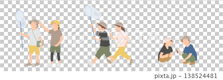虫取りをする子供たちのイラストセット 夏休みの昆虫採集シーン 虫取りをする子供たちのイラストセット 夏休みの昆虫採集シーン 138524481
