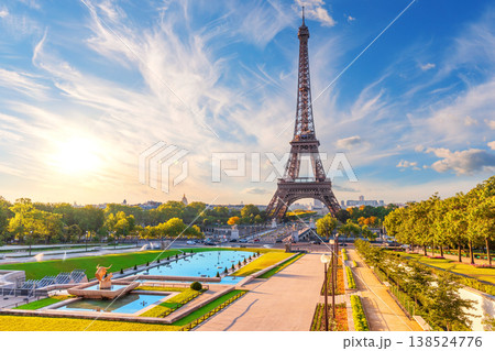 Paris Eiffel Tower, beautiful landmark from Trocadero fountain, sunset view Paris Eiffel Tower, beautiful landmark from Trocadero fountain, sunset view 138524776