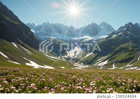 山脈と野花の風景　AI生成画像 138524934