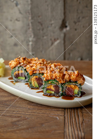 Tuna sushi rolls with shrimp tartare and sauce 138525173
