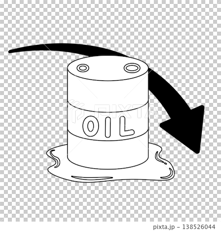 一幅單色插圖，描繪了油桶和一個表示價格下跌的黑色箭頭。 138526044