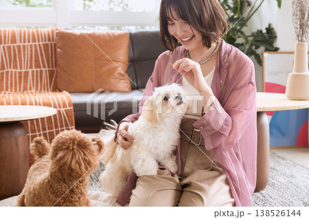 トイプードルとマルチーズにおやつをあげる女性 犬のしつけとペットライフ 138526144