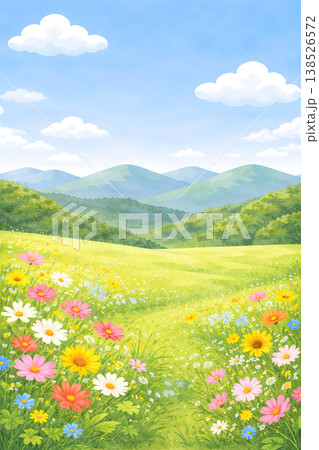 初夏の花が咲く山の縦長風景イラスト・スマホ向け(水彩風) 初夏の花が咲く山の縦長風景イラスト・スマホ向け(水彩風) 138526572