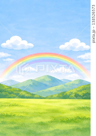 初夏の虹と山の縦長風景イラスト・スマホ向け（水彩風） 138526573