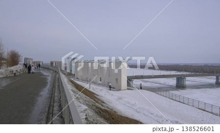 March 22 2026 Barnaul Russia Ob River Embankment with large BARNAUL letters covered in snow cold early spring cityscape urban riverside and winter atmosphere. 138526601