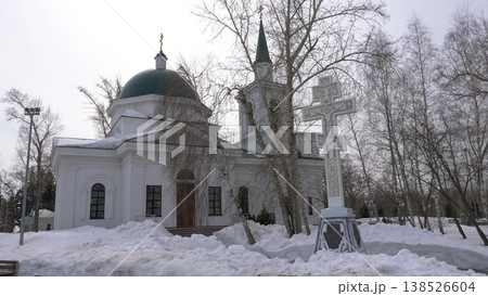 March 22 2026 Barnaul Russia Church of John the Baptist covered in snow cold early spring cityscape religious architecture landmark and winter atmosphere. 138526604