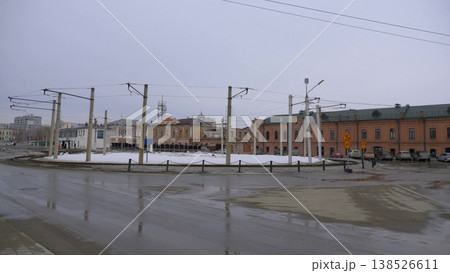 March 22 2026 Barnaul Russia tram terminal loop at Old Bazaar covered in snow cold early spring urban cityscape public transport and winter atmosphere. 138526611