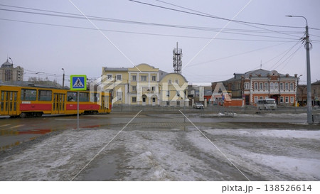 March 22 2026 Barnaul Russia tram terminal loop at Old Bazaar covered in snow cold early spring urban cityscape public transport and winter atmosphere. 138526614