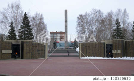 March 22 2026 Barnaul Russia Memorial of Glory 1941-1945 monument commemorating WWII covered in snow cold early spring urban cityscape and winter atmosphere. 138526630