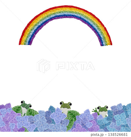 【紫陽花と虹とカエルのかくれんぼフレーム】手刺繍イラスト素材 【紫陽花と虹とカエルのかくれんぼフレーム】手刺繍イラスト素材 138526681