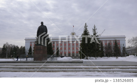 March 22 2026 Barnaul Russia Altai Krai Governor and Government Administration at Sovetov Square with Lenin Monument covered in snow cold early spring cityscape urban architecture winter atmosphere. March 22 2026 Barnaul Russia Altai Krai Governor and Government Administration at Sovetov Square with Lenin Monument covered in snow cold early spring cityscape urban architecture winter atmosphere. 138526805