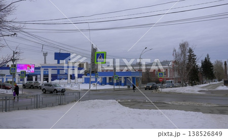 March 22 2026 Barnaul Russia Dynamo Stadium covered in snow cold early spring cityscape urban sports facility and winter atmosphere. March 22 2026 Barnaul Russia Dynamo Stadium covered in snow cold early spring cityscape urban sports facility and winter atmosphere. 138526849