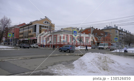 March 22 2026 Barnaul Russia intersection of Lenina Avenue and Nikitina Street covered in snow cold early spring cityscape with traffic urban environment and winter atmosphere. March 22 2026 Barnaul Russia intersection of Lenina Avenue and Nikitina Street covered in snow cold early spring cityscape with traffic urban environment and winter atmosphere. 138526850