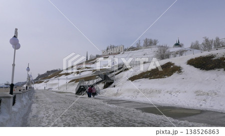 March 22 2026 Barnaul Russia Ob River Embankment with large BARNAUL letters covered in snow cold early spring cityscape urban riverside and winter atmosphere. 138526863