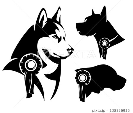 purebred dog with show champion award rosette black and white vector head outline and silhouette purebred dog with show champion award rosette black and white vector head outline and silhouette 138526936