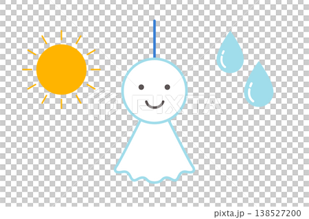 Cute teru teru bozu (weather doll), sun, and raindrops vector illustration 138527200