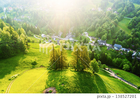 Calm idyllic village in Slovenian mountains at sunrise, summer travel concept 138527201