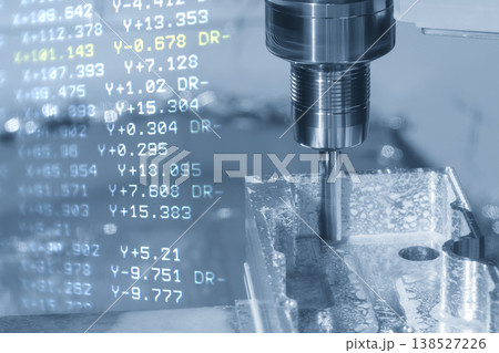 Abstract scene of a CNC milling machine cutting an aluminum case with G-code data overlay in a blue tech tone. Abstract scene of a CNC milling machine cutting an aluminum case with G-code data overlay in a blue tech tone. 138527226