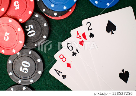 High Card Combination playing cards spread beside casino chips on green felt gambling table High Card Combination playing cards spread beside casino chips on green felt gambling table 138527256