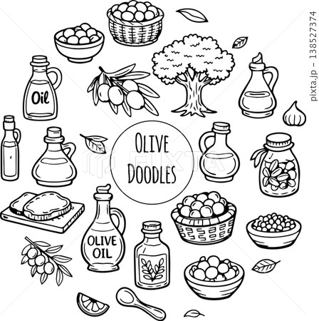 Hand drawn doodles olive branches and individual olives. Olive tree branches, oil packaging. 138527374
