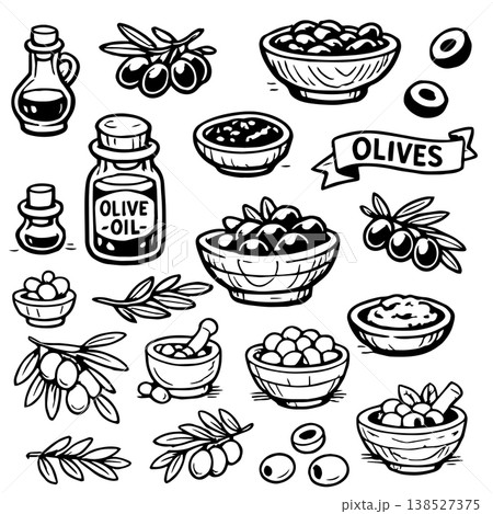 Hand drawn doodles olive branches and individual olives. Olive tree branches, oil packaging. 138527375