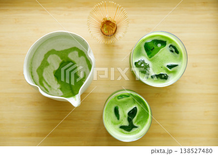 Cup of fresh matcha tea, green tea and empty bowl and Chasen, bamboo whisk, on wooden table. 138527480