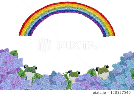 【紫陽花と虹とカエルのかくれんぼ横フレーム】手刺繍イラスト素材 【紫陽花と虹とカエルのかくれんぼ横フレーム】手刺繍イラスト素材 138527540