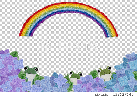 【紫陽花と虹とカエルのかくれんぼ横フレーム】手刺繍イラスト素材 【紫陽花と虹とカエルのかくれんぼ横フレーム】手刺繍イラスト素材 138527540