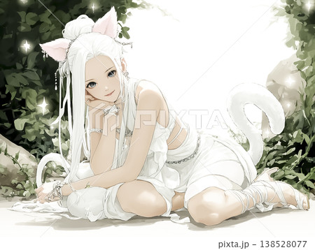 木陰で休む白いネコの妖精｜幻想ファンタジーイラスト 138528077