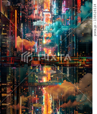 ビル群の間を結ぶ夜行列車と近未来の都市夜景 138528114