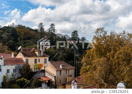 Charming view of Sintra, Portugal, with historic buildings nestled among lush greenery. 138528201