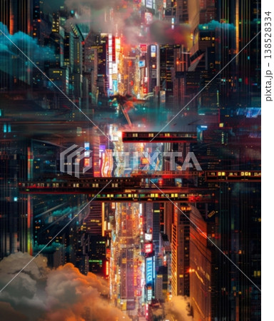 ビル群の間を結ぶ夜行列車と近未来都市の夜景 138528334