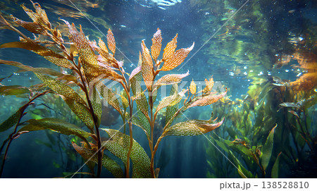 水中ケルプの森、光と泡、自然の美しさ 138528810