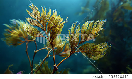 水中海藻のクローズアップ、青い背景、自然、生命 138528812