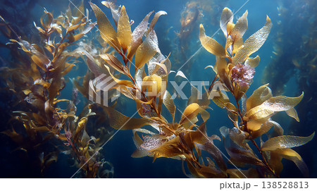 水中海藻のクローズアップ、青い背景、自然、生命 138528813