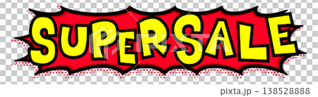 レッドSUPER SALE文字の黒太線の赤いトゲトゲ吹き出し。激安セール告知横長ワイド素材。 138528888