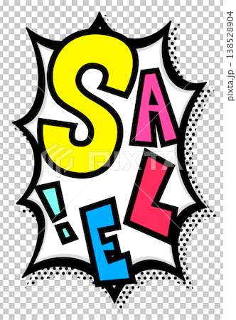 カラフルなSALE!文字と黒太線のポップなトゲトゲ吹き出し。縦長の激安セール告知用。 138528904