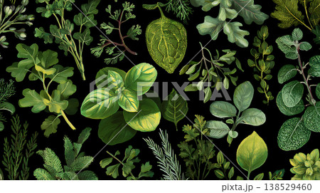 緑のハーブの植物の背景、水彩画風、黒背景 138529460