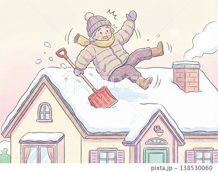 屋根の雪かき中に滑って転落事故にあう高齢女性 138530060