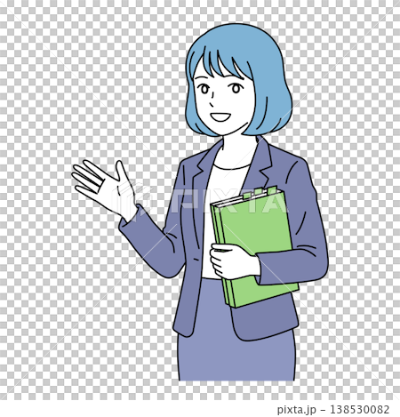 向量圖，描繪了一位女商務人士一邊拿著文件一邊解釋事情。 138530082