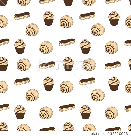 Bakery seamless pattern with chocolate eclairs and cupcakes on white vector illustration. Bakery seamless pattern with chocolate eclairs and cupcakes on white vector illustration. 138530098