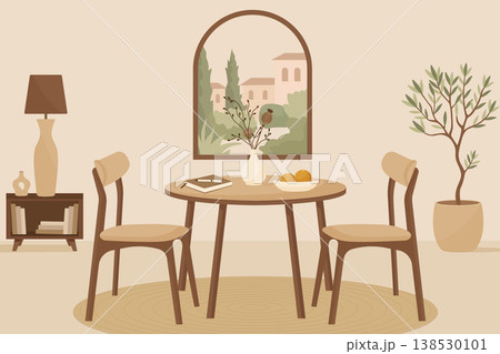Japandi style dining room interior with wooden furniture and window view vector illustration. Japandi style dining room interior with wooden furniture and window view vector illustration. 138530101